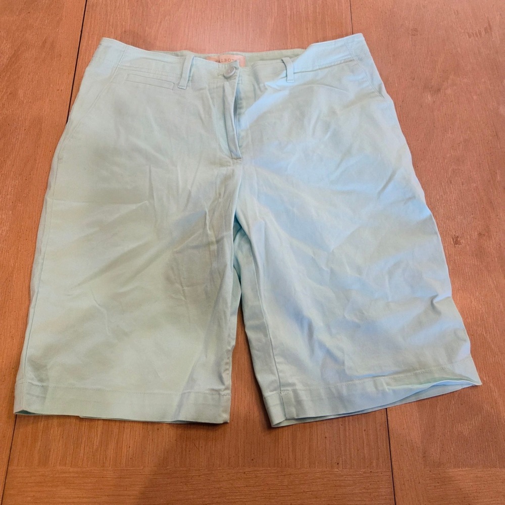 Talbots Womens Bermuda Chino Shorts Light Blue Mint Green Size 6 Mid Rise Casual